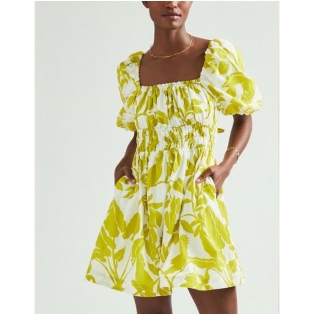 NEW MAEVE ANTHROPOLOGIE Green Feliciana‎ Mini Dress M Tie Back Puff Sleeves